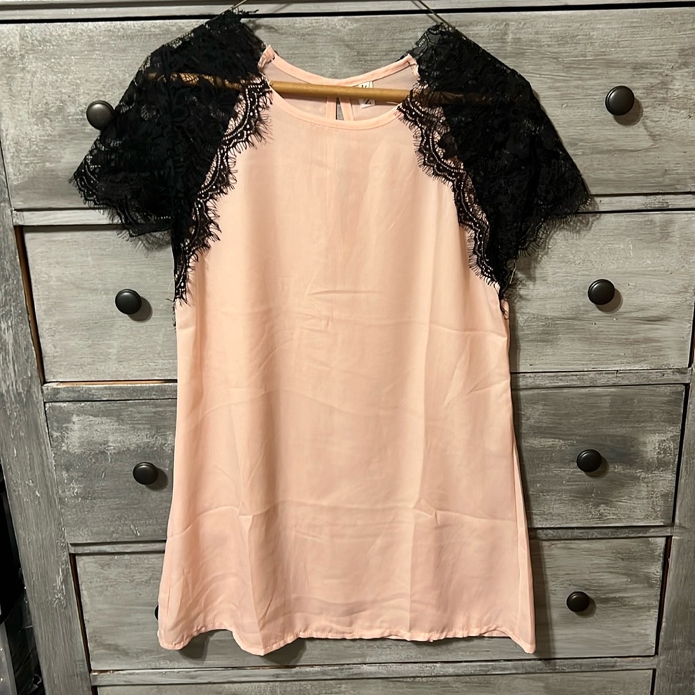 Shear pink blouse with lace sleeves
